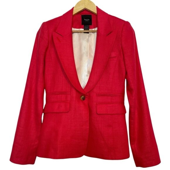 Smythe Blazer 100 Linen Red Coral Peak Collar Size 4 Designer EUC - Picture 1 of 10